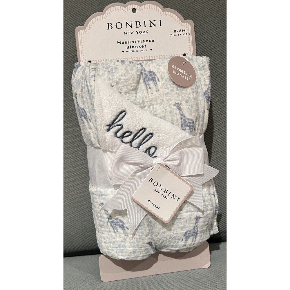 Bonbini Baby Blanket Muslin Fleece Soft Lining Blue Giraffe Print Embroidered